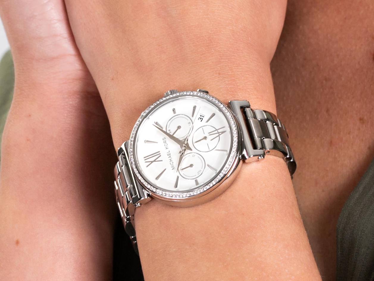 Michael Kors Women's Silver Chronograph Watch with Crystal Bezel – Timeless & Elegant