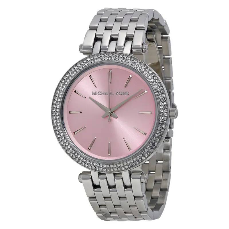 Michael Kors Women's Silver Watch with Pink Dial & Crystal Bezel – Elegant & Chic