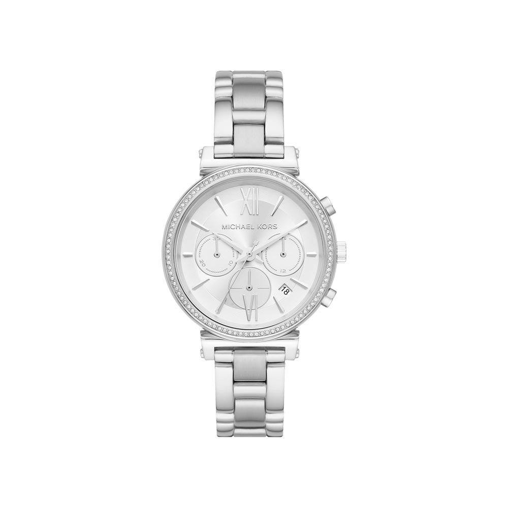 Michael Kors Women's Silver Chronograph Watch with Crystal Bezel – Timeless & Elegant
