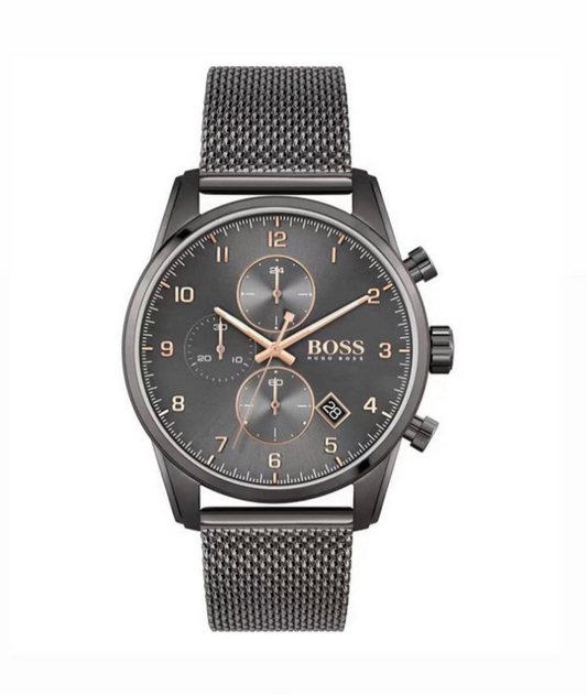 BOSS Grey Mesh Chronograph with Rose Gold Accents