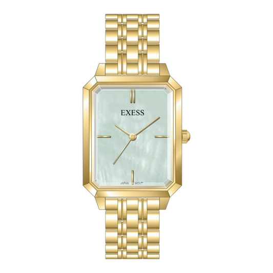 "Exess Women's Gold Rectangular Watch with Mother-of-Pearl Dial – Sophisticated & Elegant"