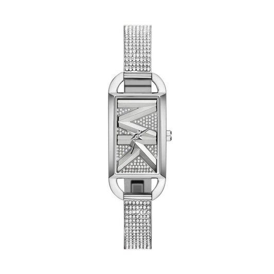 Michael Kors Women's Silver Mesh Bracelet Watch with Crystal-Embellished MK Logo – Elegant & Stylish