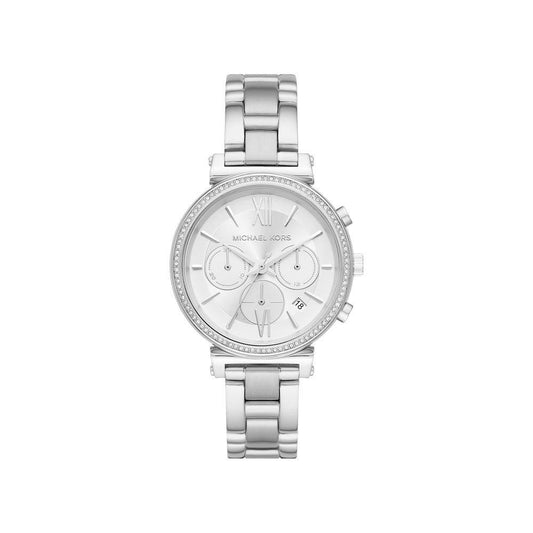 Michael Kors Women's Silver Chronograph Watch with Crystal Bezel – Timeless & Elegant