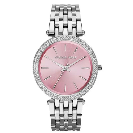 Michael Kors Women's Silver Watch with Pink Dial & Crystal Bezel – Elegant & Chic